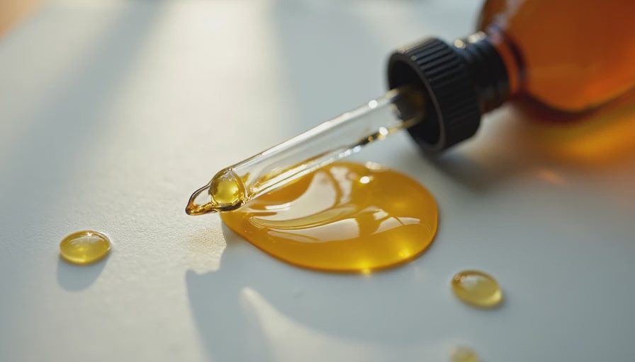 Drops of beard oil and glass dropper tip on a white ceramic surface