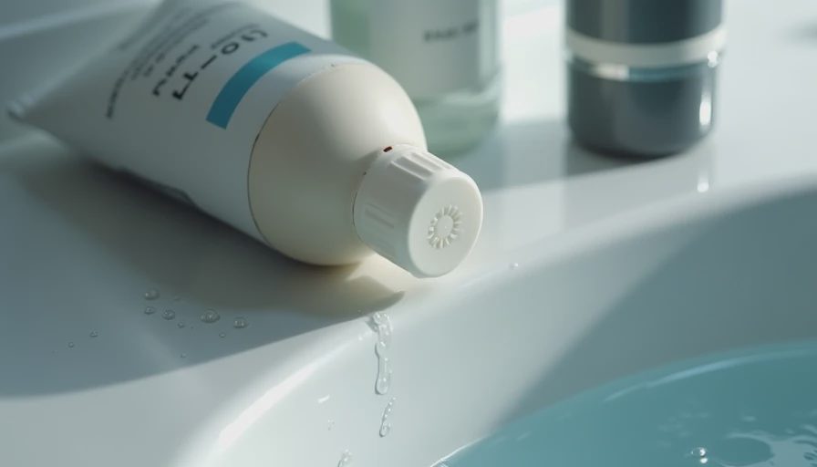 Close-up of two face wash bottles on a damp white bathroom sink edge