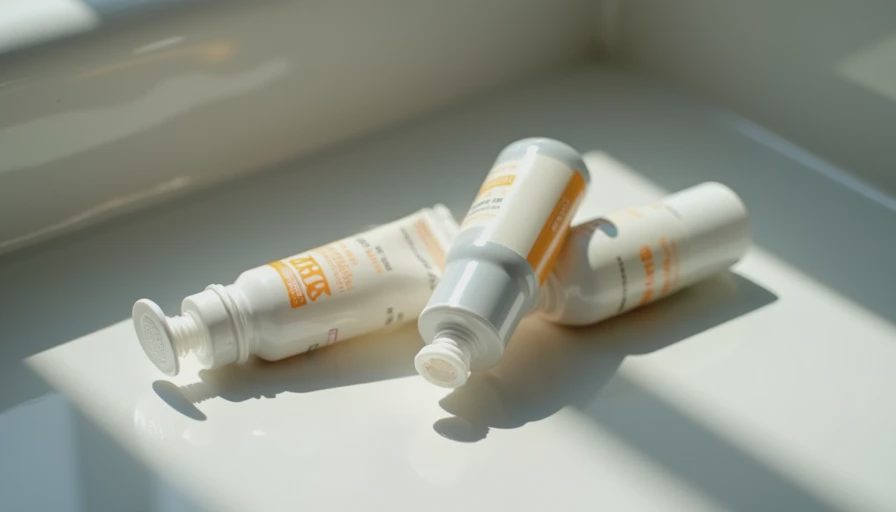 Close-up of nearly empty grooming product tubes on a white ceramic surface