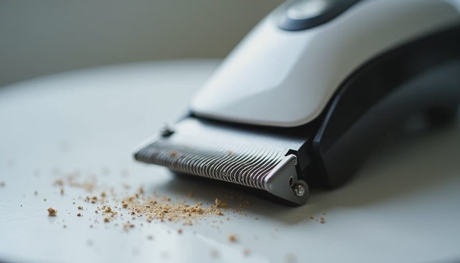 Close-up of electric trimmer blade head on a white ceramic surface