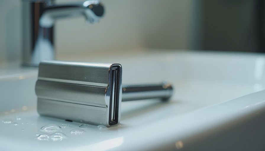 Stainless steel safety razor on a damp white bathroom sink edge