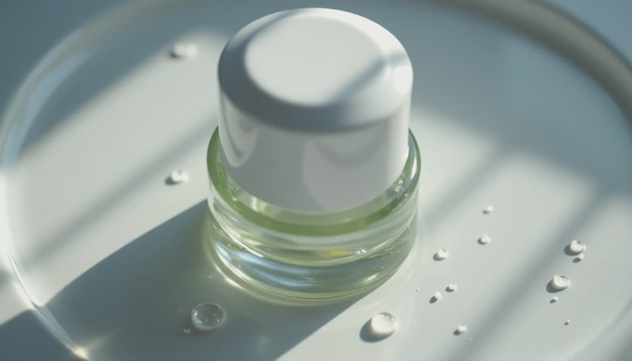Close-up of a basic aftershave bottle on a white ceramic surface