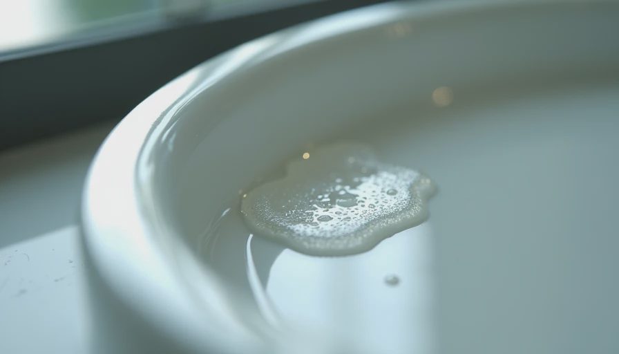 Small pool of aftershave liquid on a white ceramic sink edge