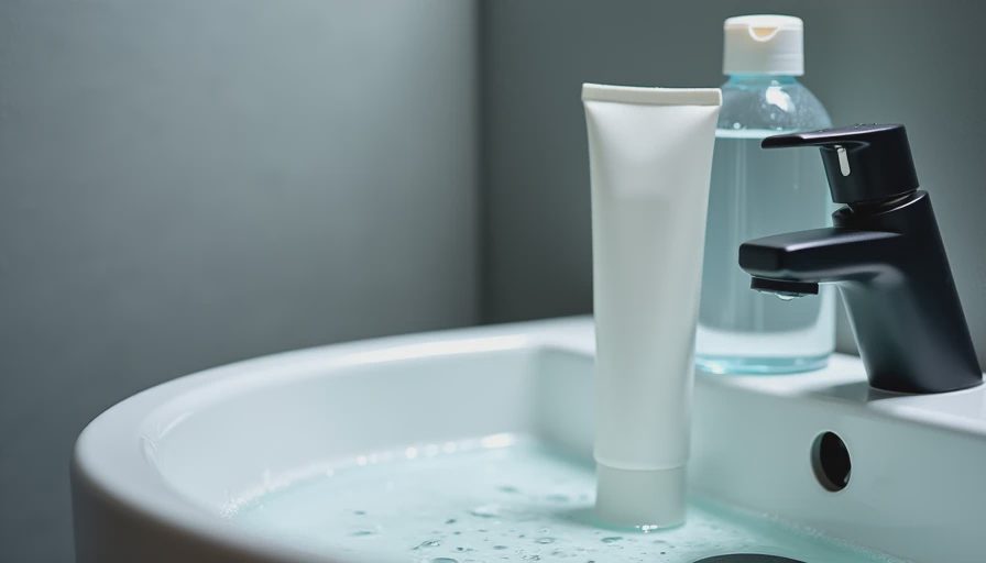 Face wash bottle and moisturizer tube on a damp white bathroom sink edge