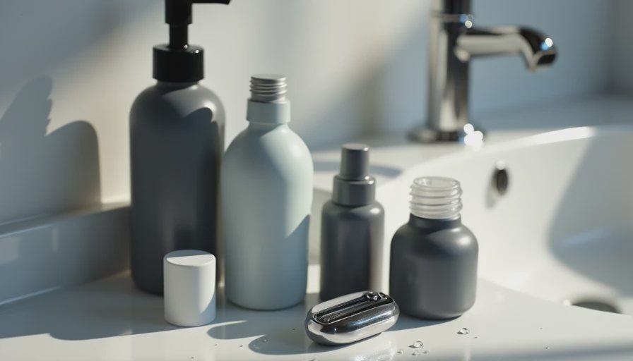 Travel-size face wash, moisturizer, and razor on a white bathroom counter