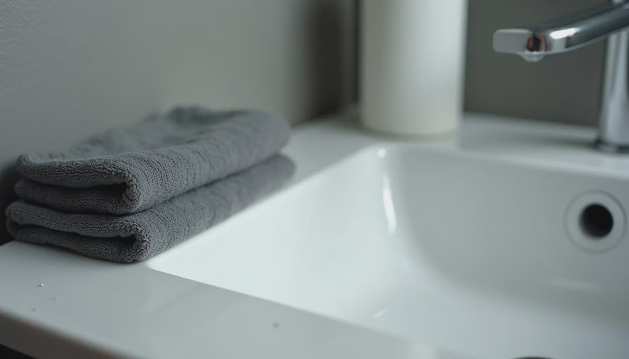 Washcloth and face wash bottle on a white ceramic sink edge