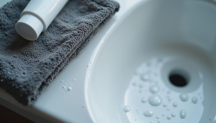 Damp washcloth and moisturizer tube on a wet white bathroom sink