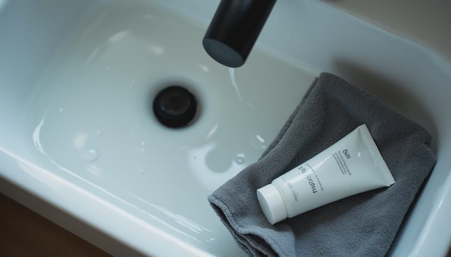 Damp washcloth and face cleanser tube resting on a white bathroom sink edge