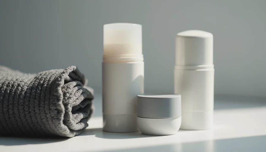 Travel-size face wash, deodorant, and moisturizer next to a microfiber towel